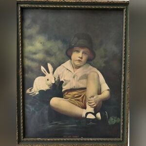 Vintage RARE 1920s-30s Henry Raeburn "Boy With Rabbit" Framed Lithograph